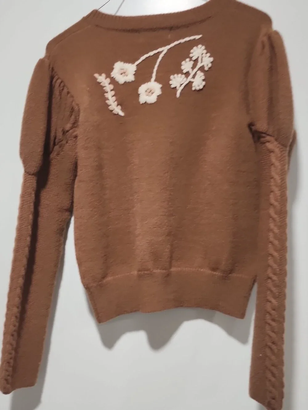 Listicle Brown Cardigan with White Floral Embroidery